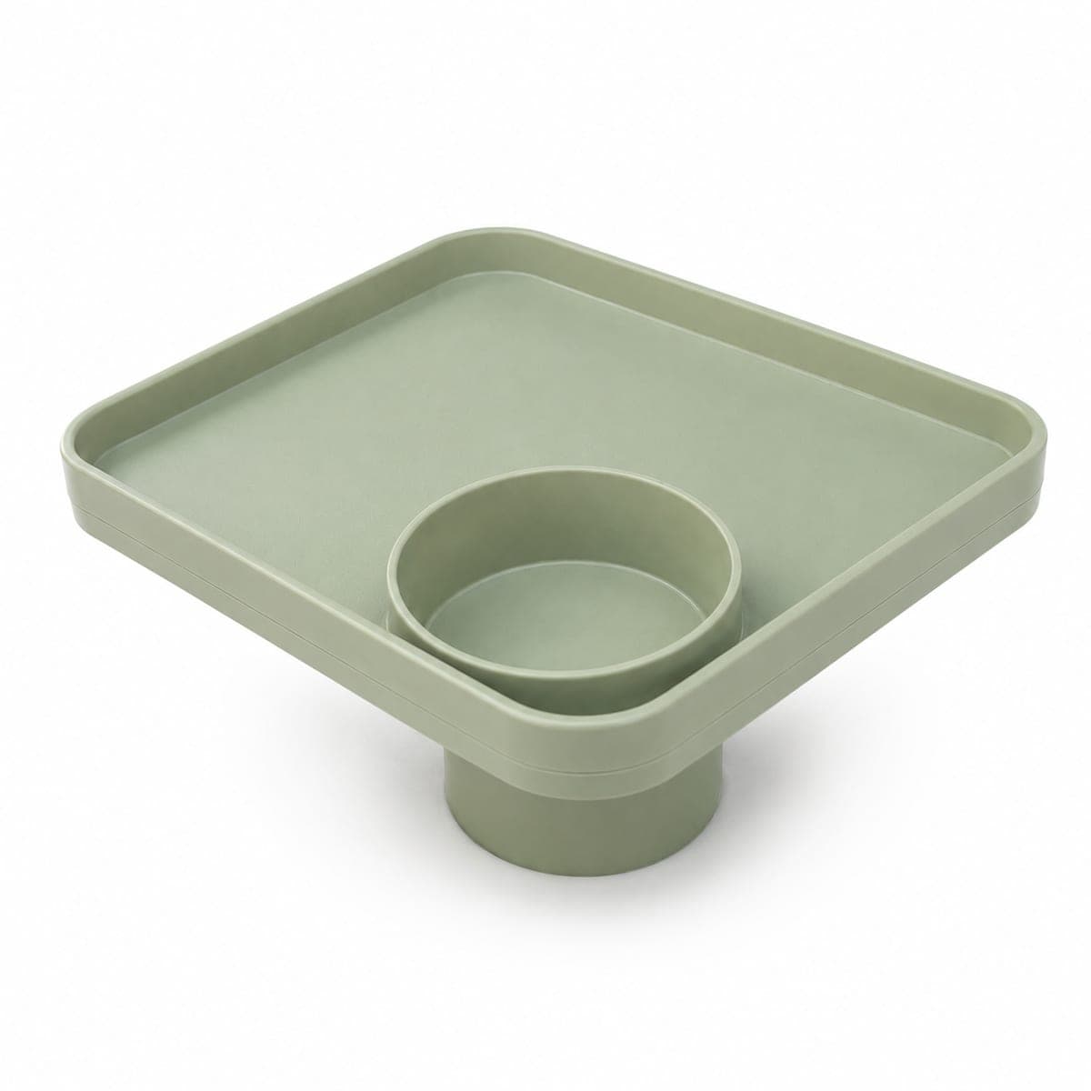 The Growlet tray seen from above, with its own cup holder and the foot that drops into a car cup holder